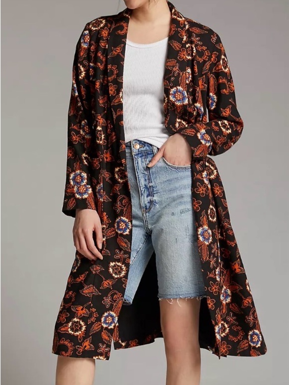 Anthropologie Black Floral Duster Coat with Orange & Blue Accents